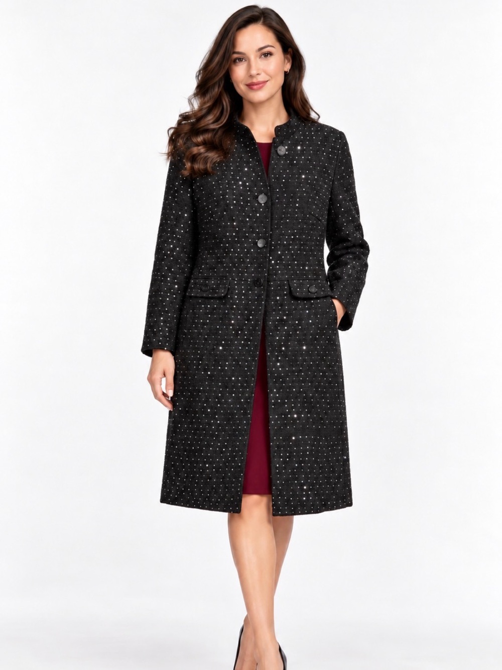 Anne Klein Black Sequin Embellished Coat, Button Front Statement NWT Large